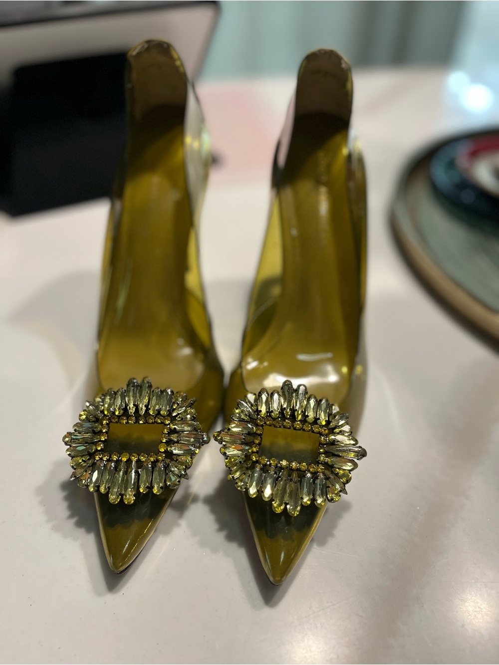 Good American Olive Green Jeweled Patent Pumps